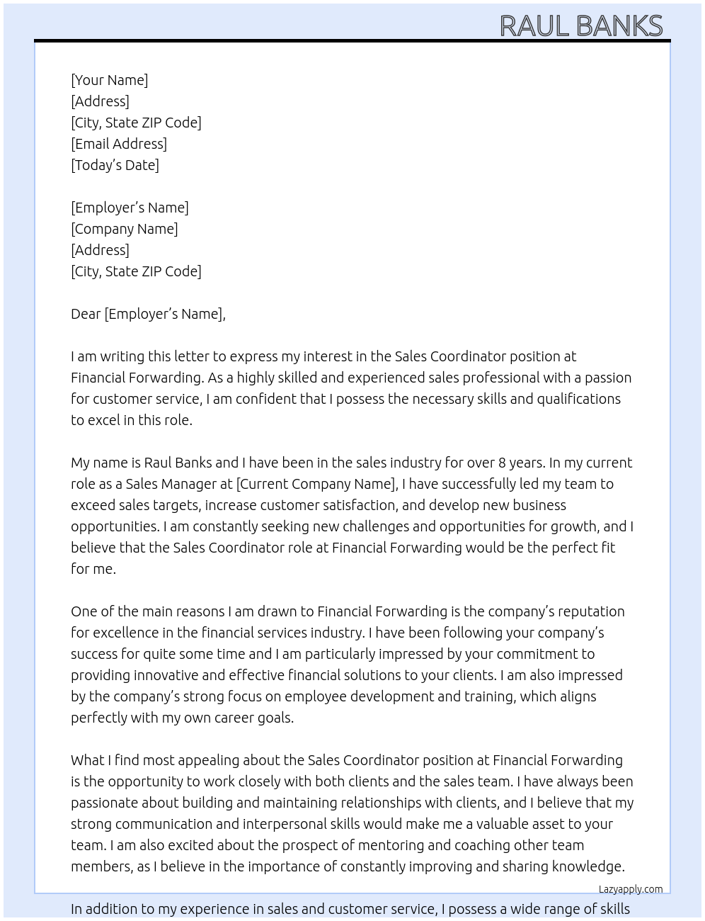 Sales Coordinator At Financial Forwarding Cover Letter