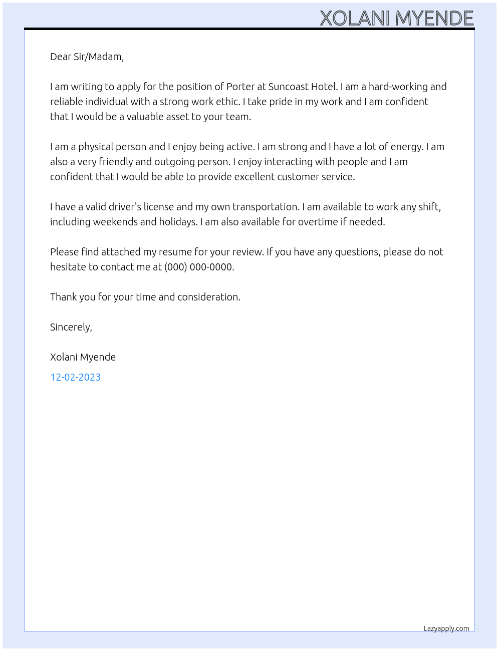 Porter  At Suncoast Hotel  Cover Letter