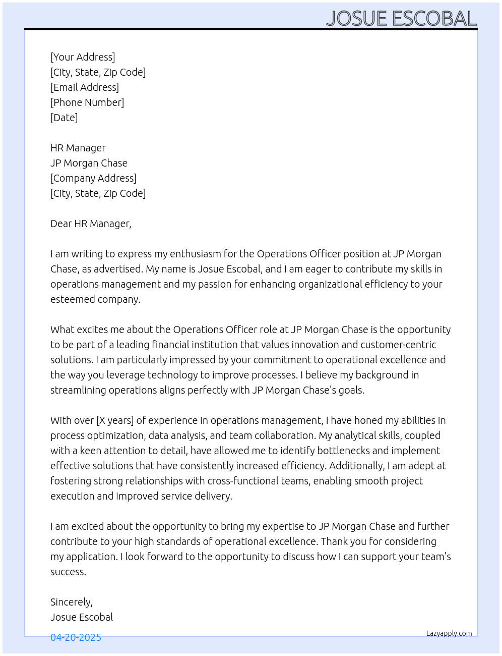 Operations Officer At JP Morgan Chase Cover Letter