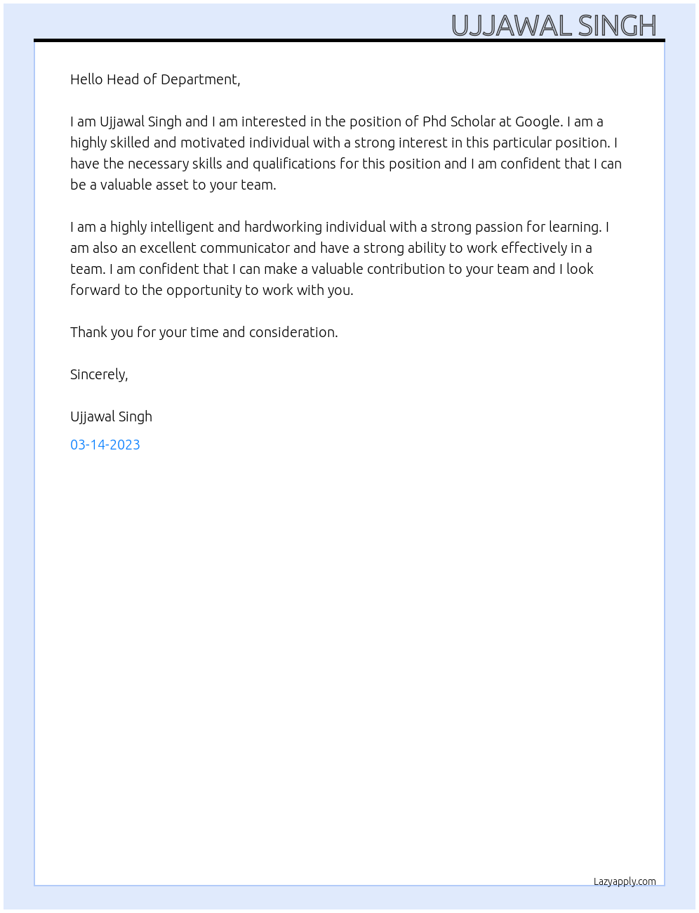 Phd Scholar At Google Cover Letter