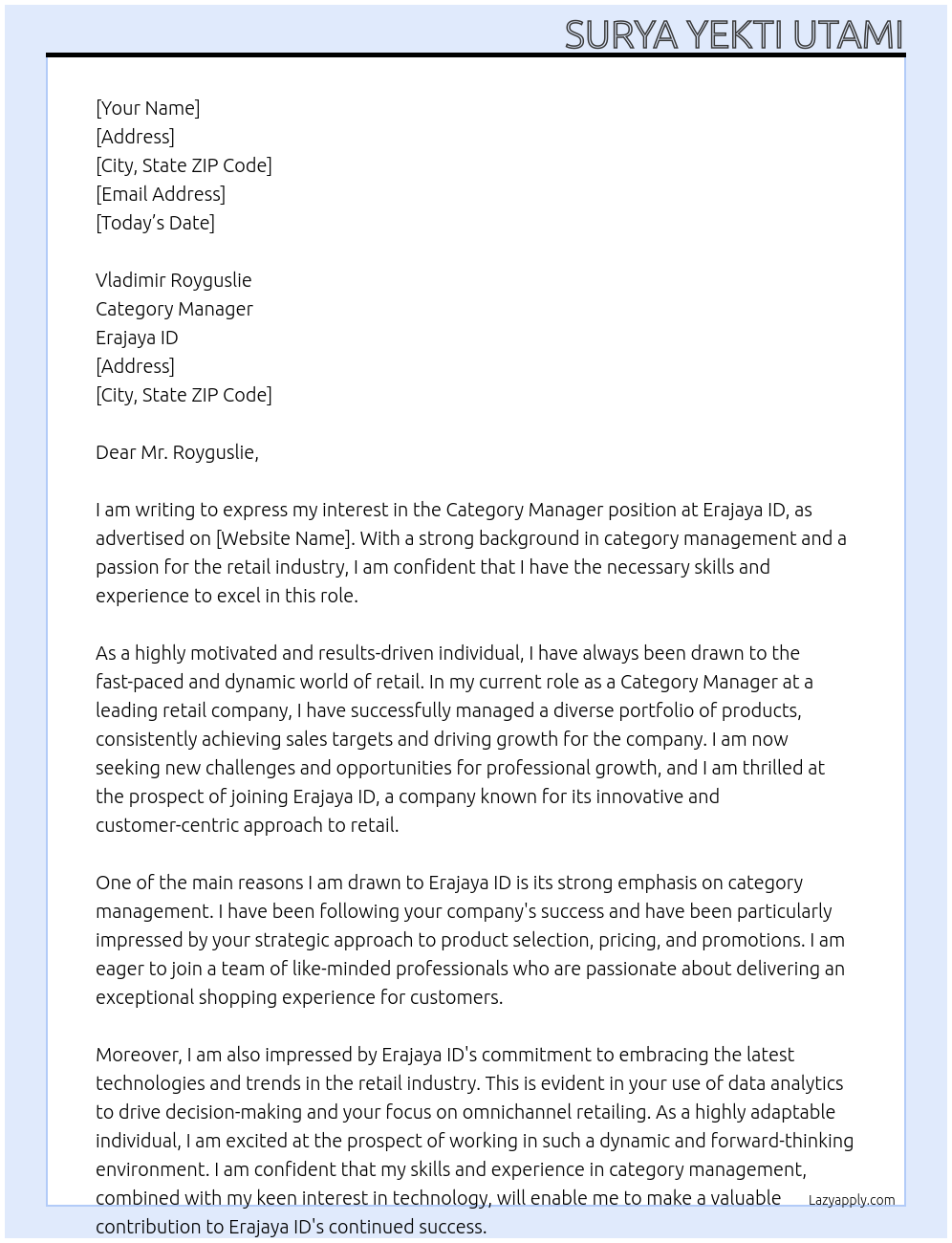 category manager At Erajaya ID Cover Letter