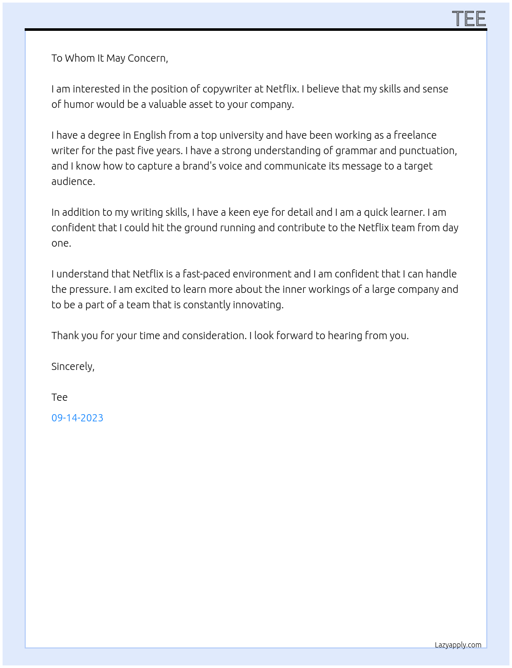 Copywriter At Netflix Cover Letter