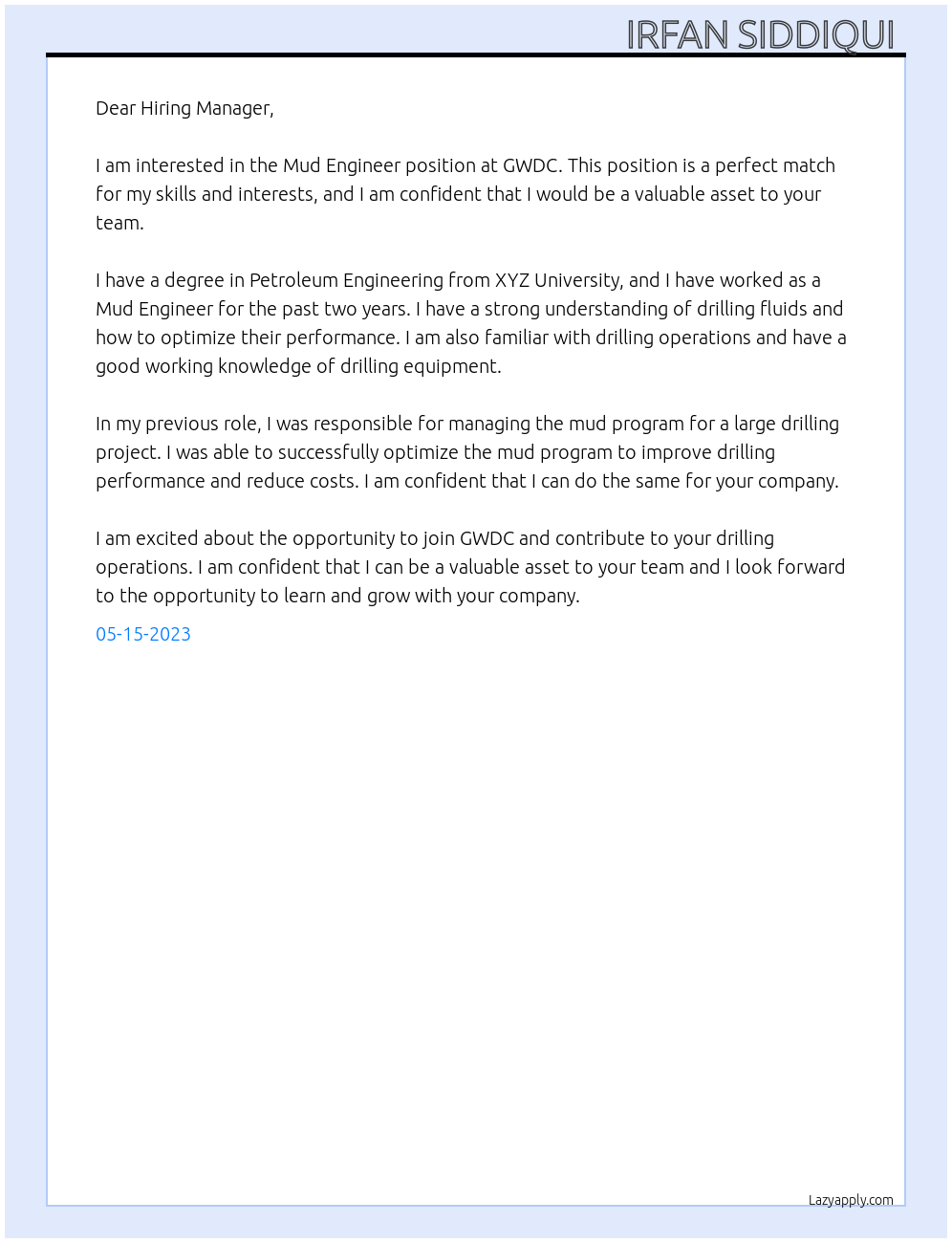 Mud Engineer  At GWDC Cover Letter