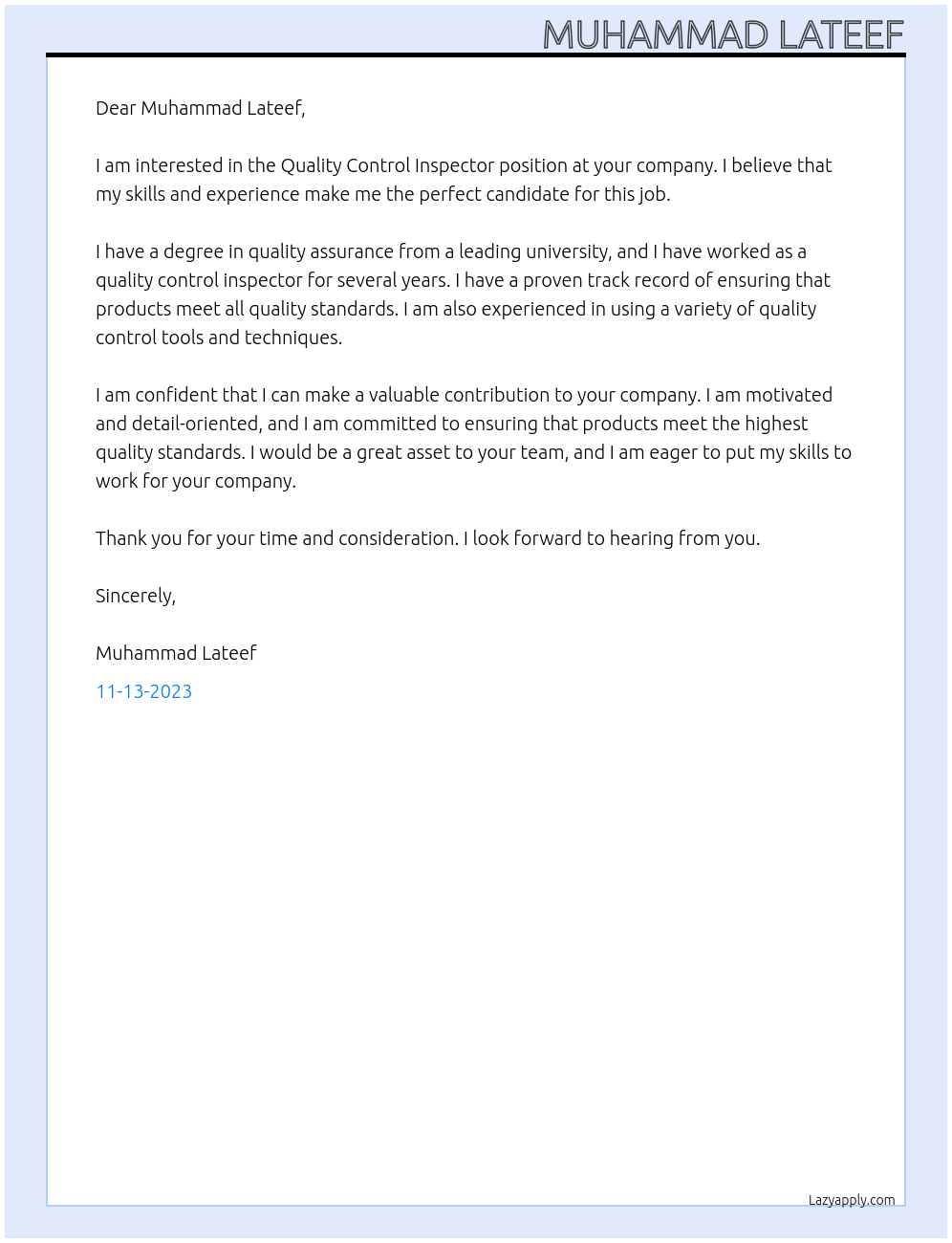 Quality Control Inspector At Muhammad Lateef Cover Letter