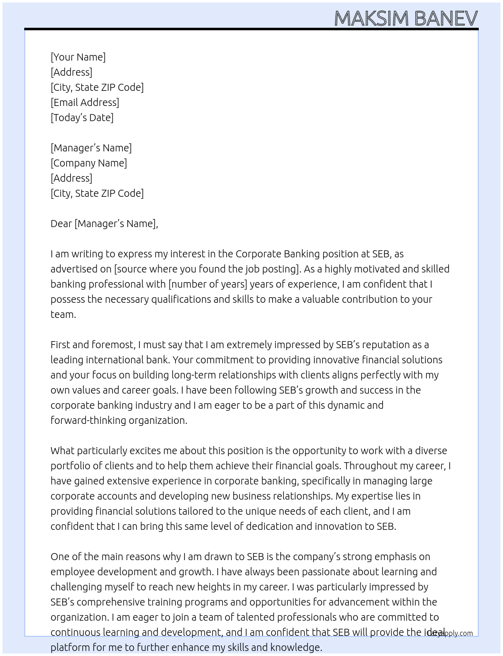 corporate banking  At SEB Cover Letter