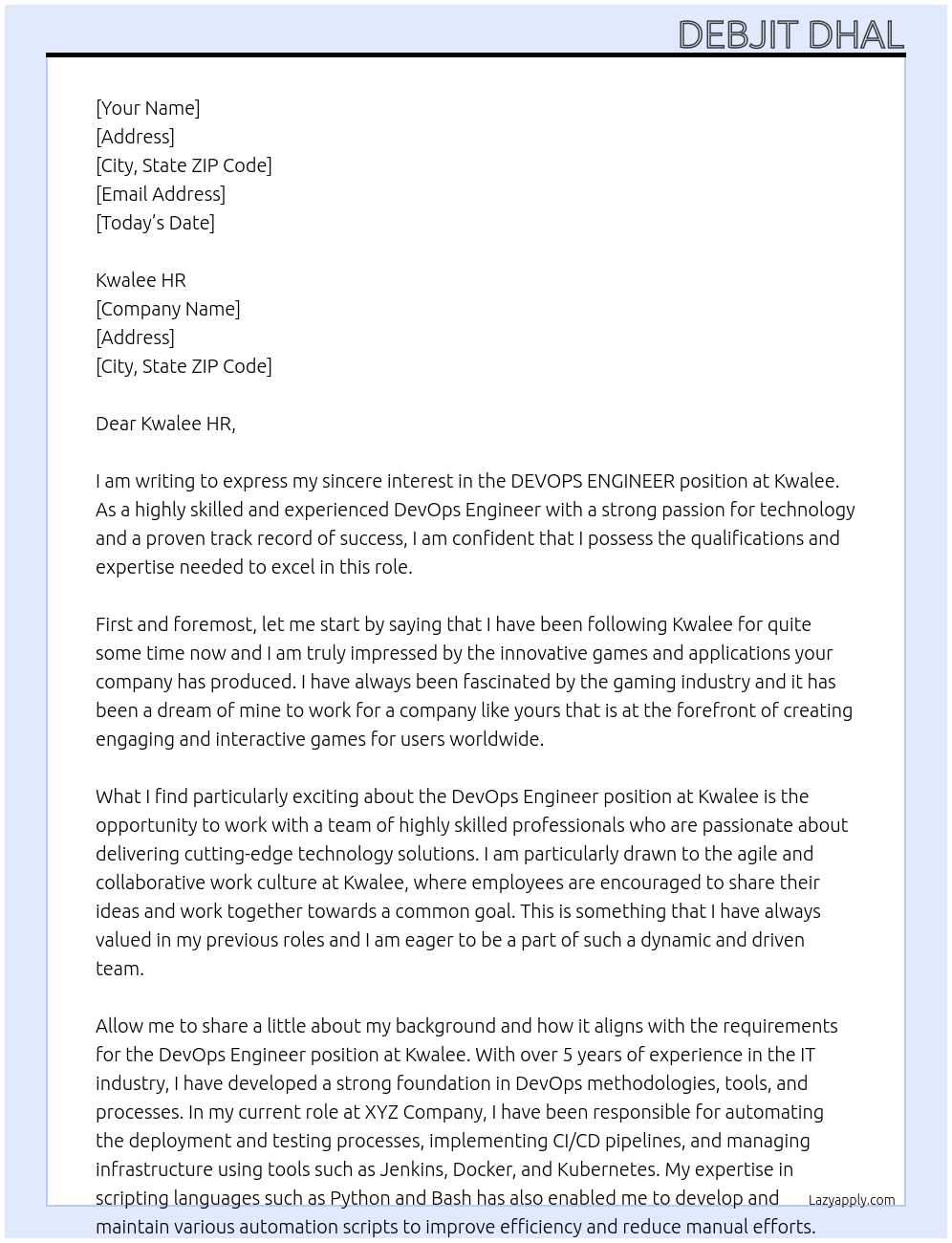 DEVOPS ENGINEER At Kwalee Cover Letter