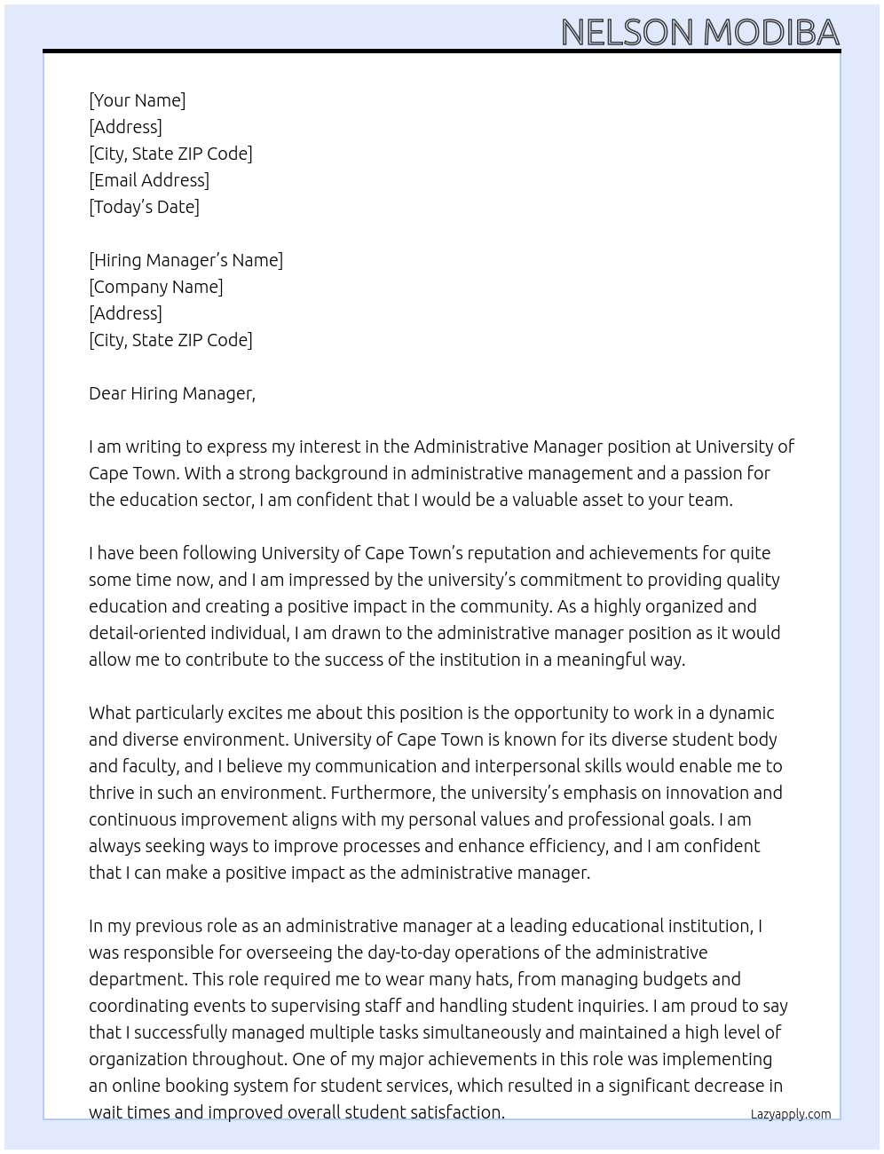 Administrative Manager At University of Cape Town Cover Letter