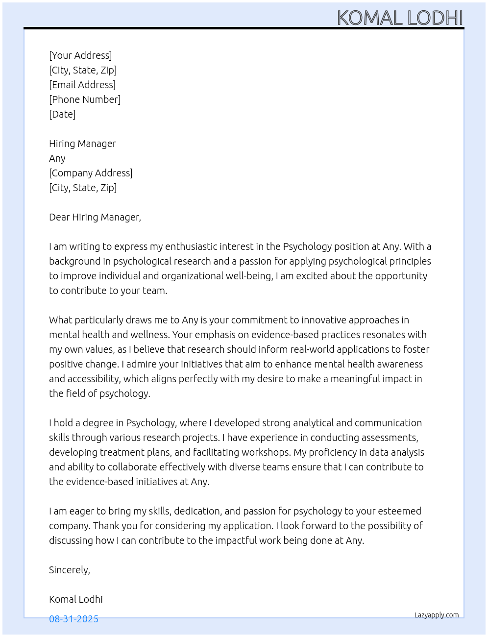 Cover letter for psychology - LazyApply