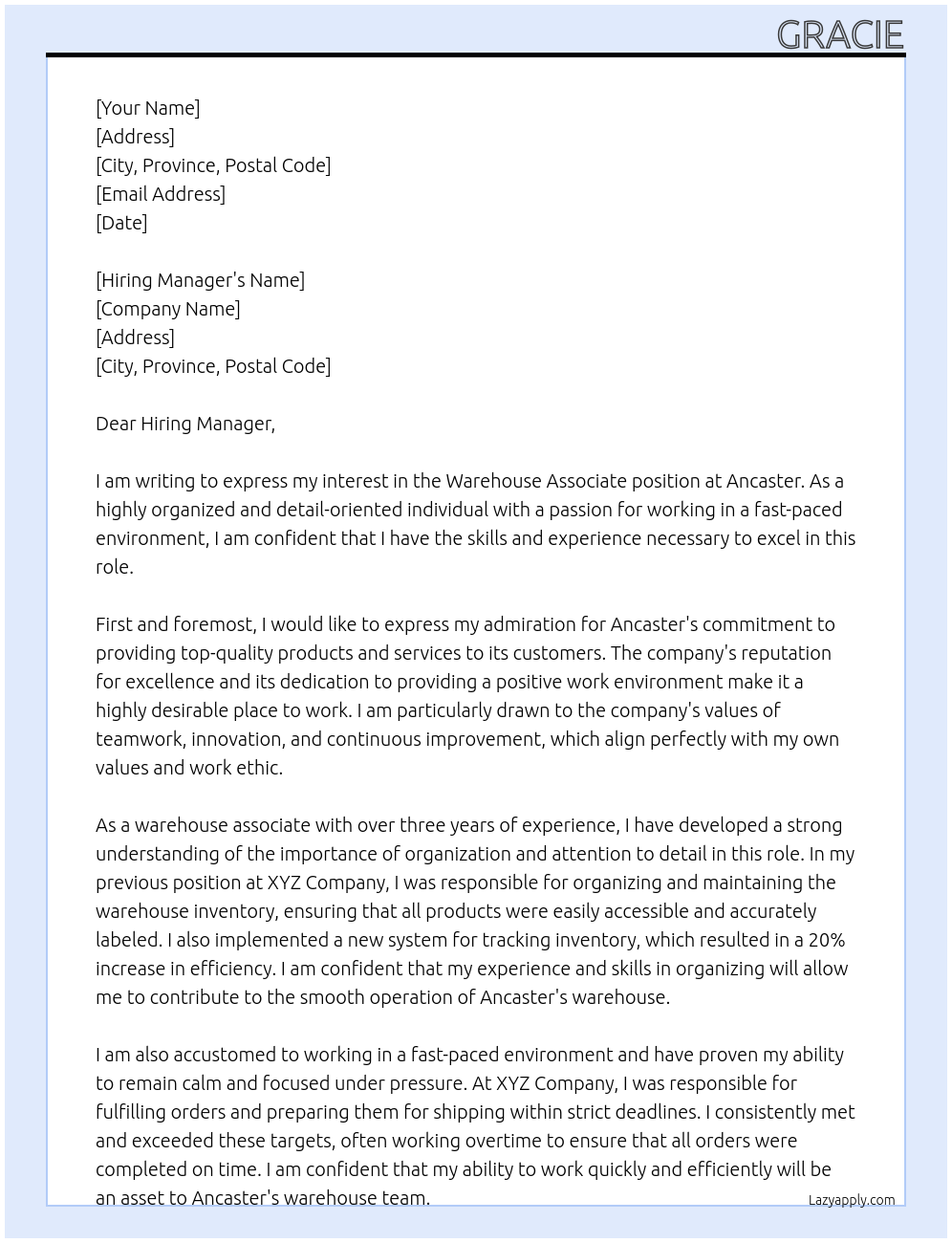 Warehouse Associate At Ancaster Cover Letter