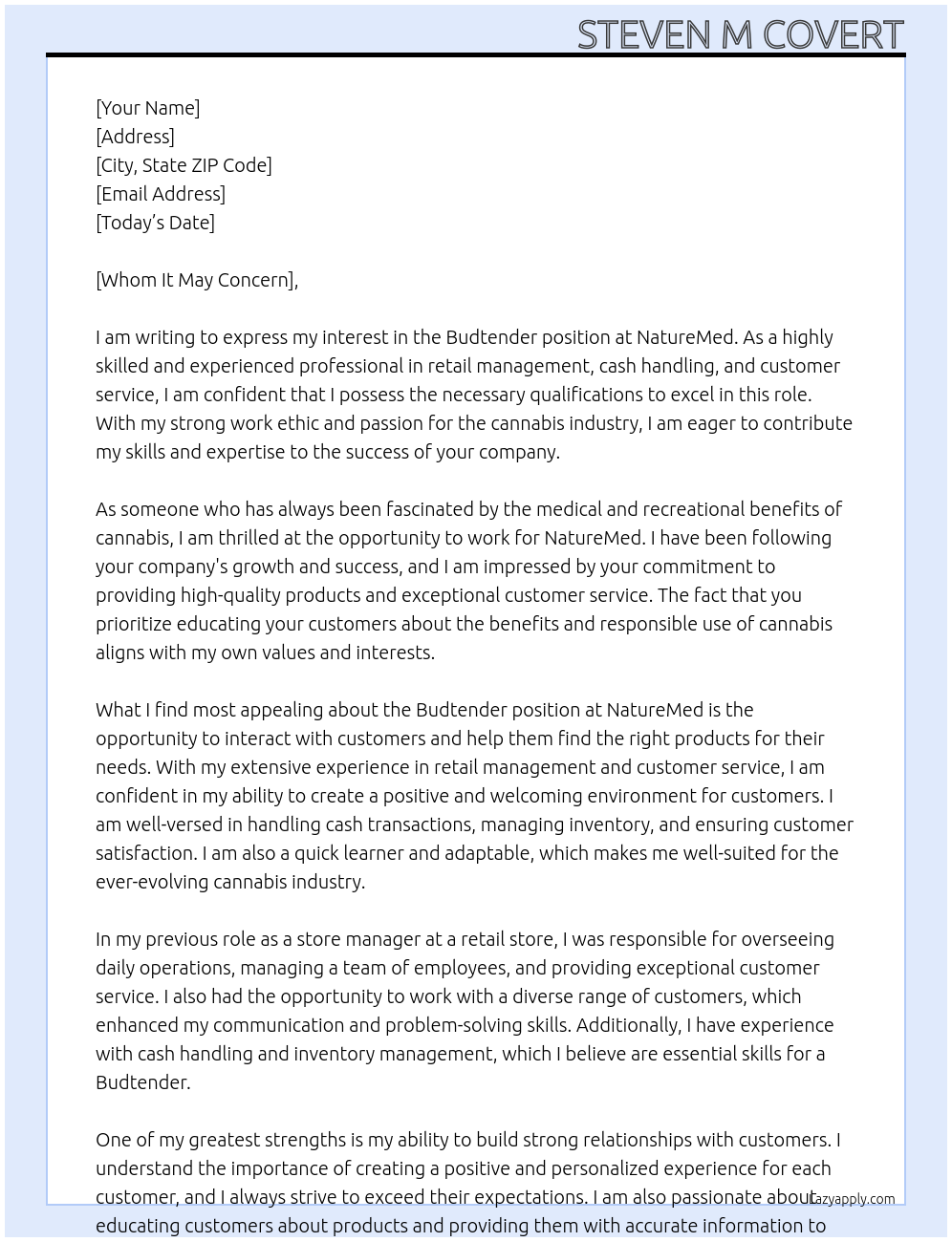 Budtender At NatureMed Cover Letter