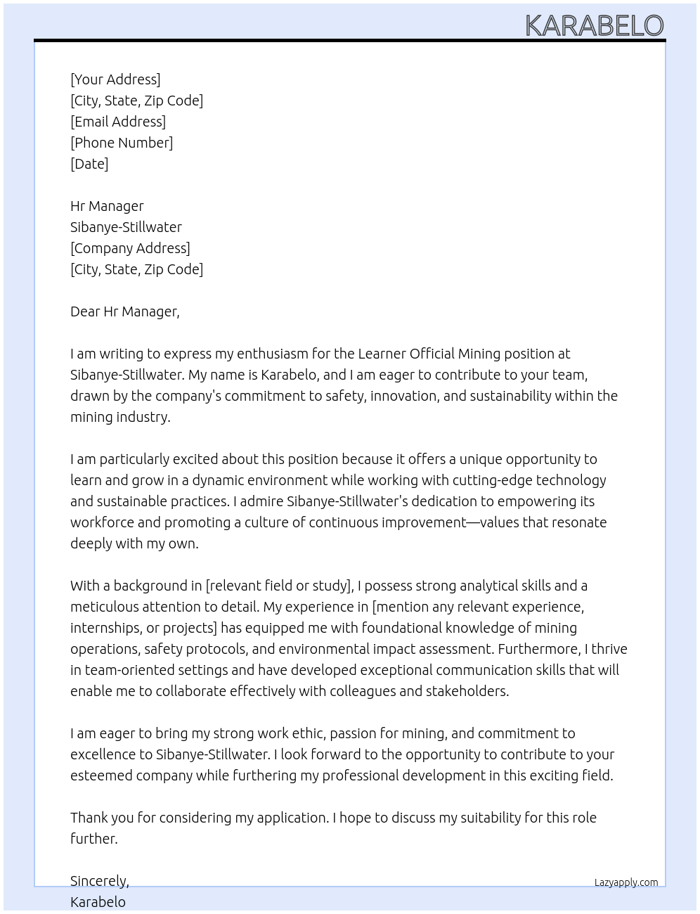 Learner official mining At Sibanye-stillwater Cover Letter