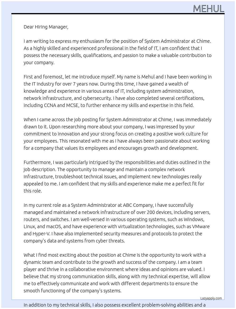 system administrator At Chime Cover Letter