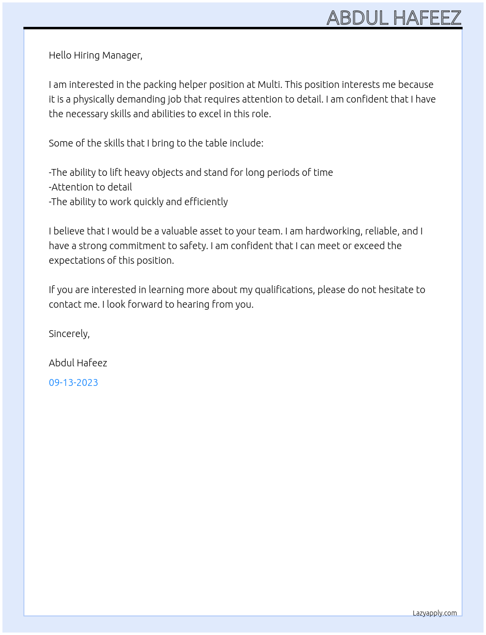Packing Helper At Multi Cover Letter