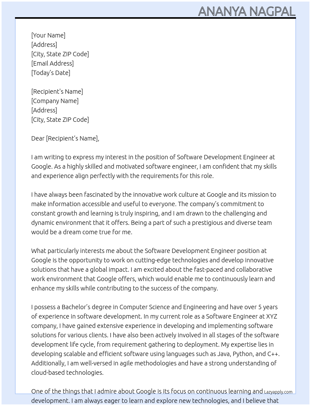 software development engineer At GOOGLE Cover Letter