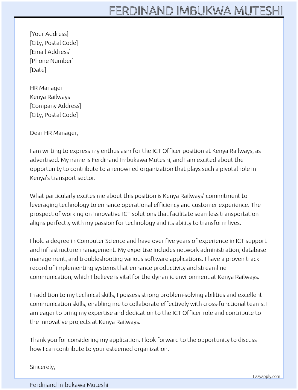 ICT OFFICER At KENYA RAILWAYS Cover Letter