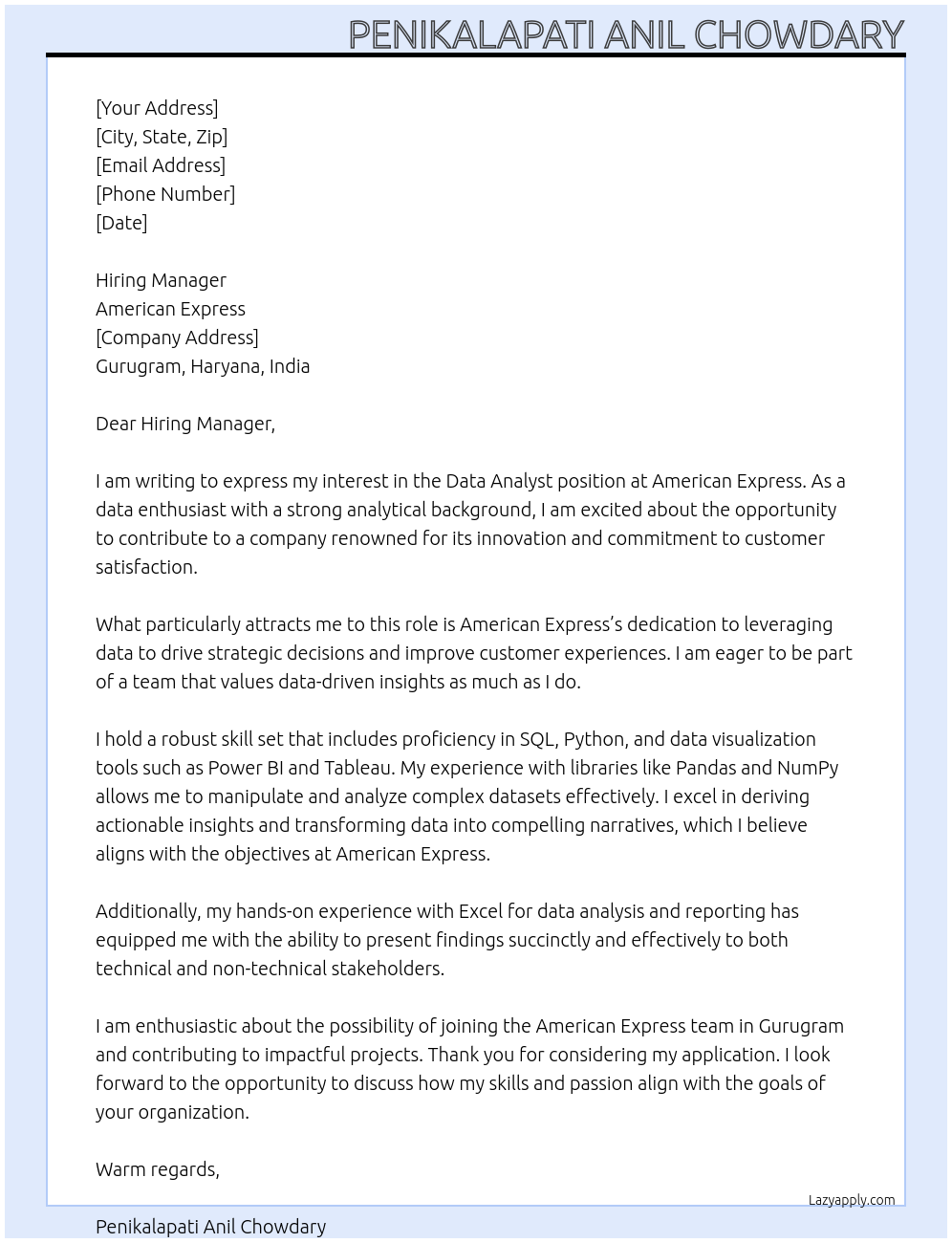 Data Analyst At American Express Cover Letter