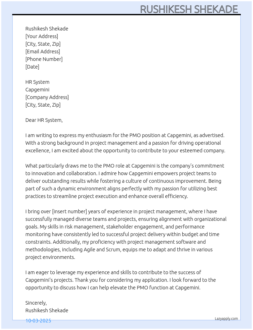 PMO At Capgemini Cover Letter