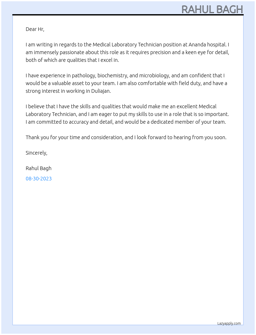 Medical Laboratory technician At Ananda hospital Cover Letter