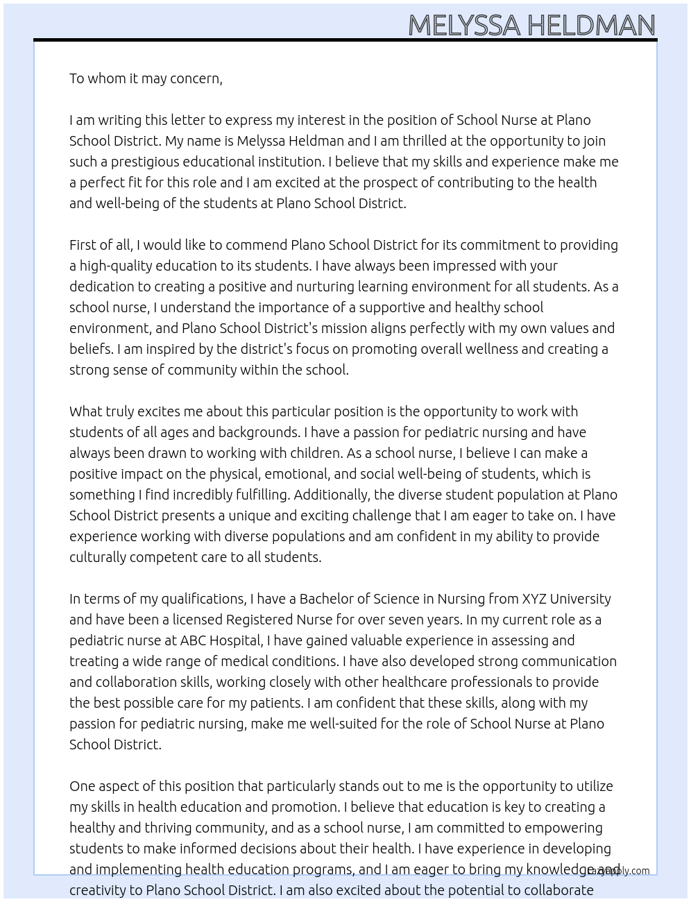 School Nurse At Plano School Disctrict Cover Letter