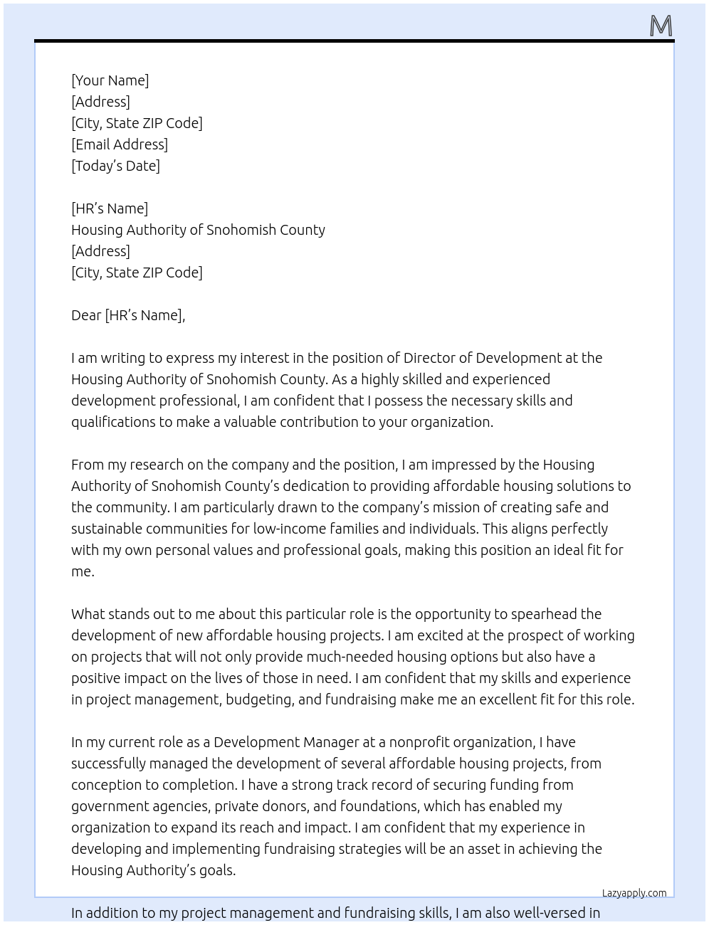 Director of Development At Housing Authority of Snohomish County Cover Letter