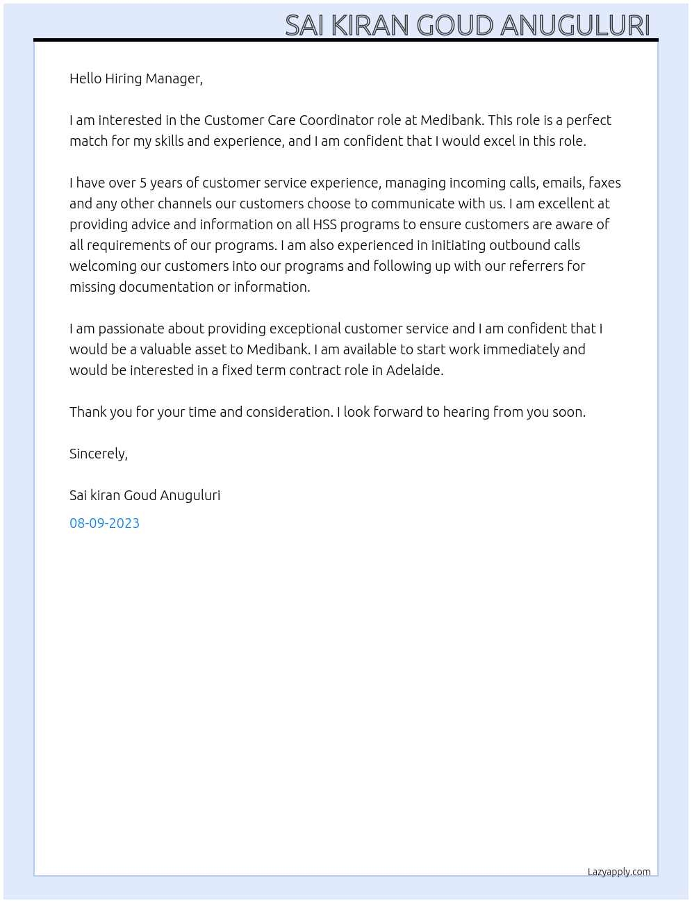 Customer Care Coordinator At Medibank Cover Letter