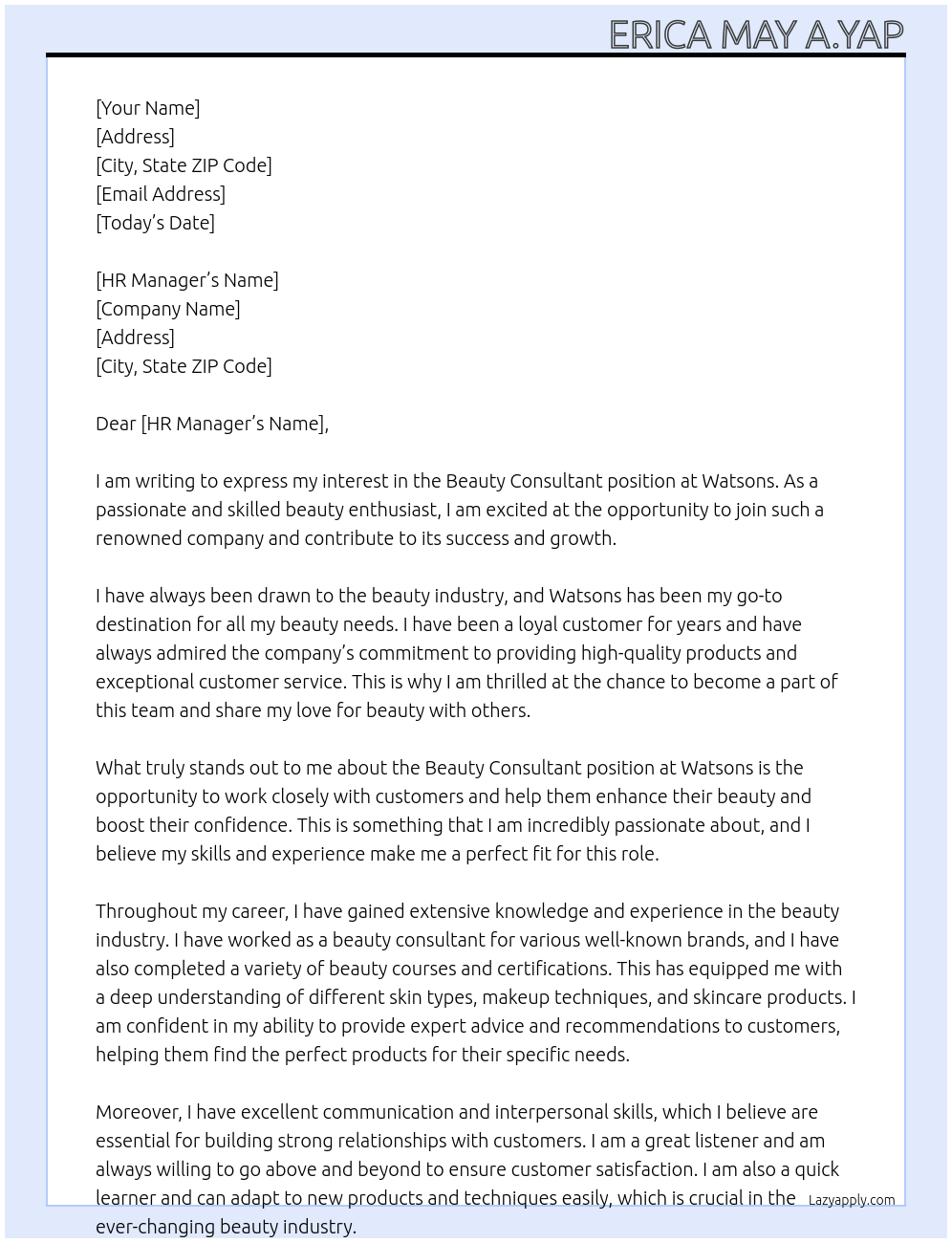 Cover letter for beauty consultant - LazyApply