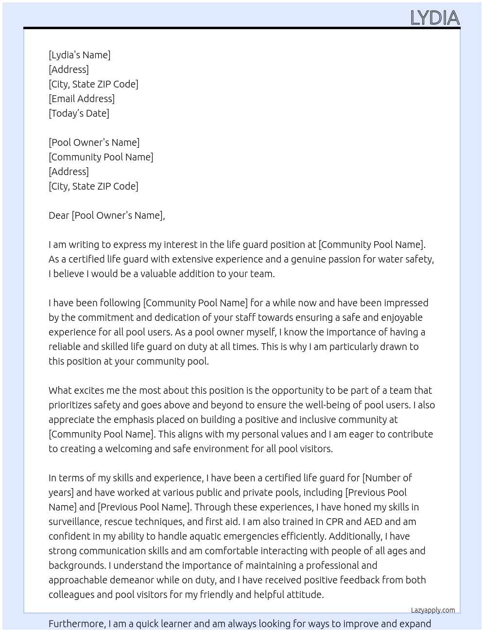 Cover letter for life guard - LazyApply