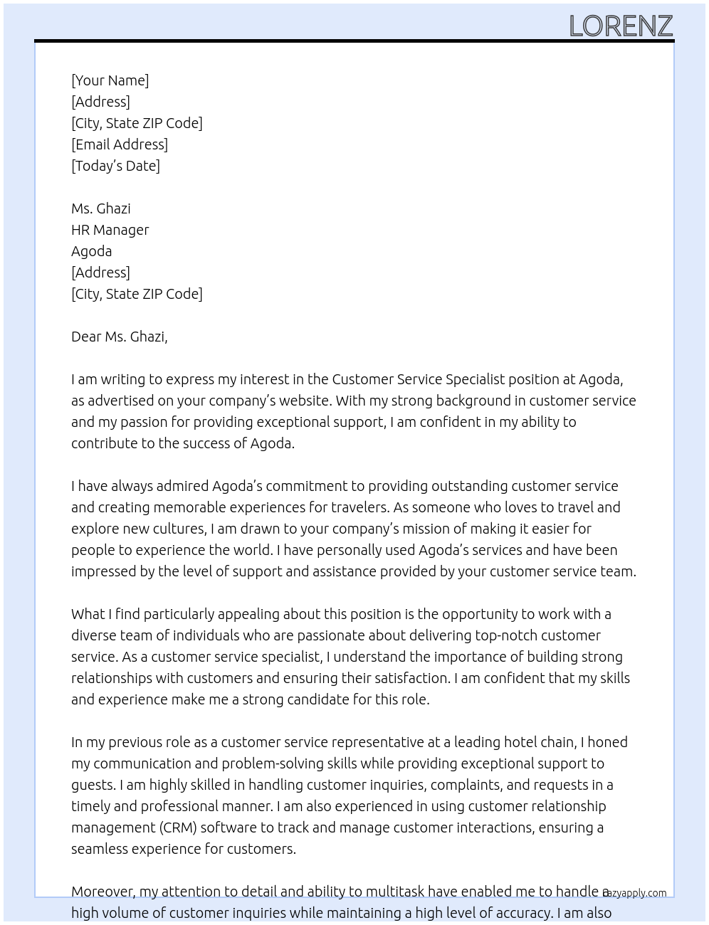 customer service specialist At agoda Cover Letter