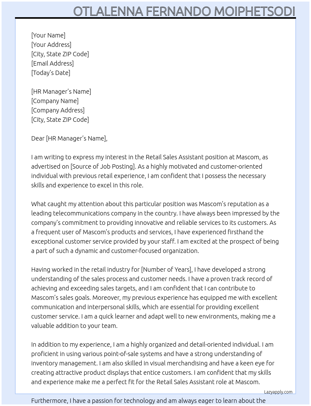 Retail Sales Assistant At Mascom Cover Letter