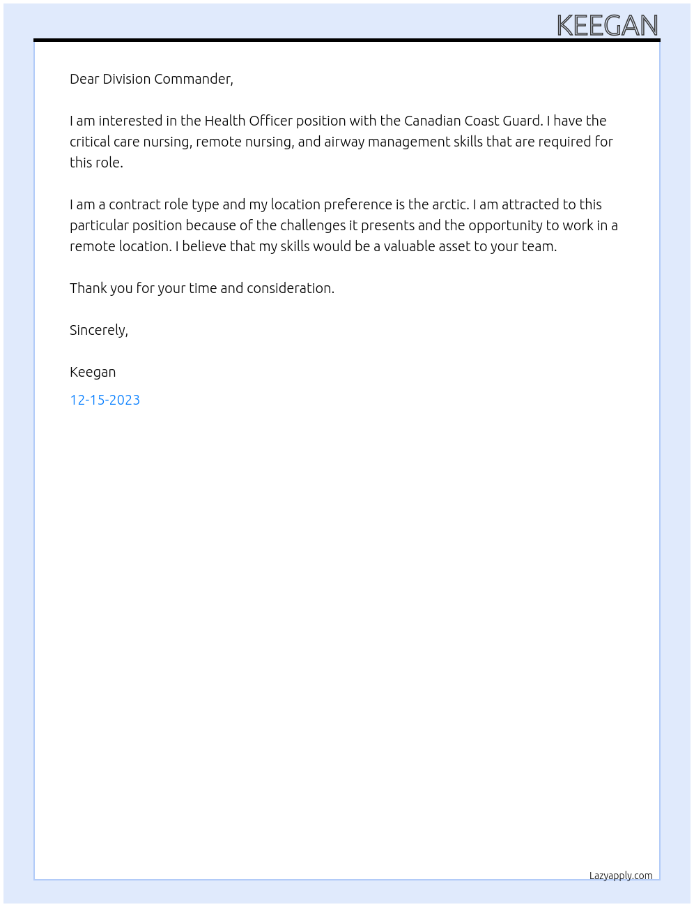 Health Officer At Canadian Coast Guard Cover Letter