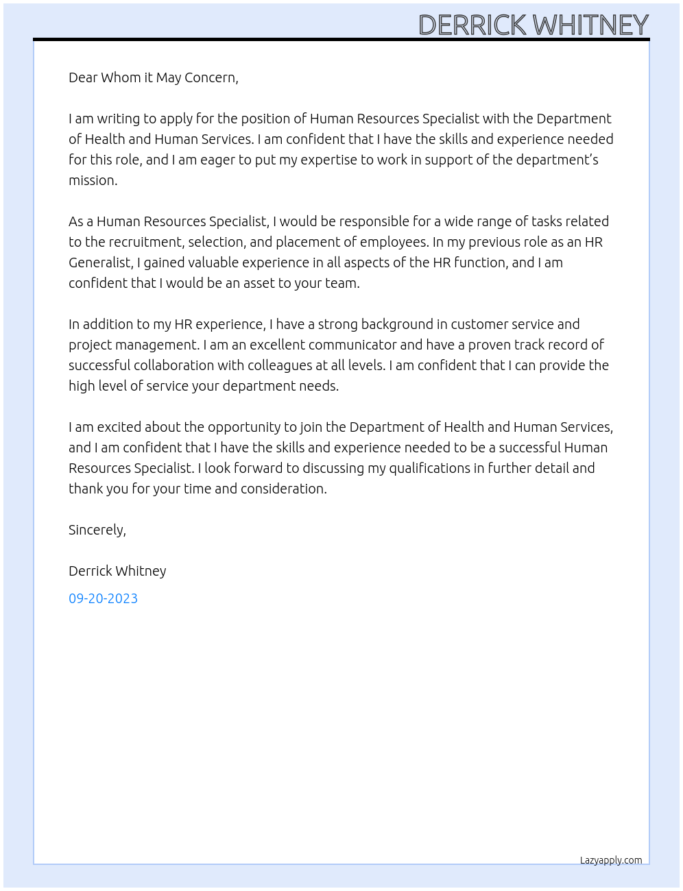 Human Resources Specialist At Department of Health and Human Services Cover Letter