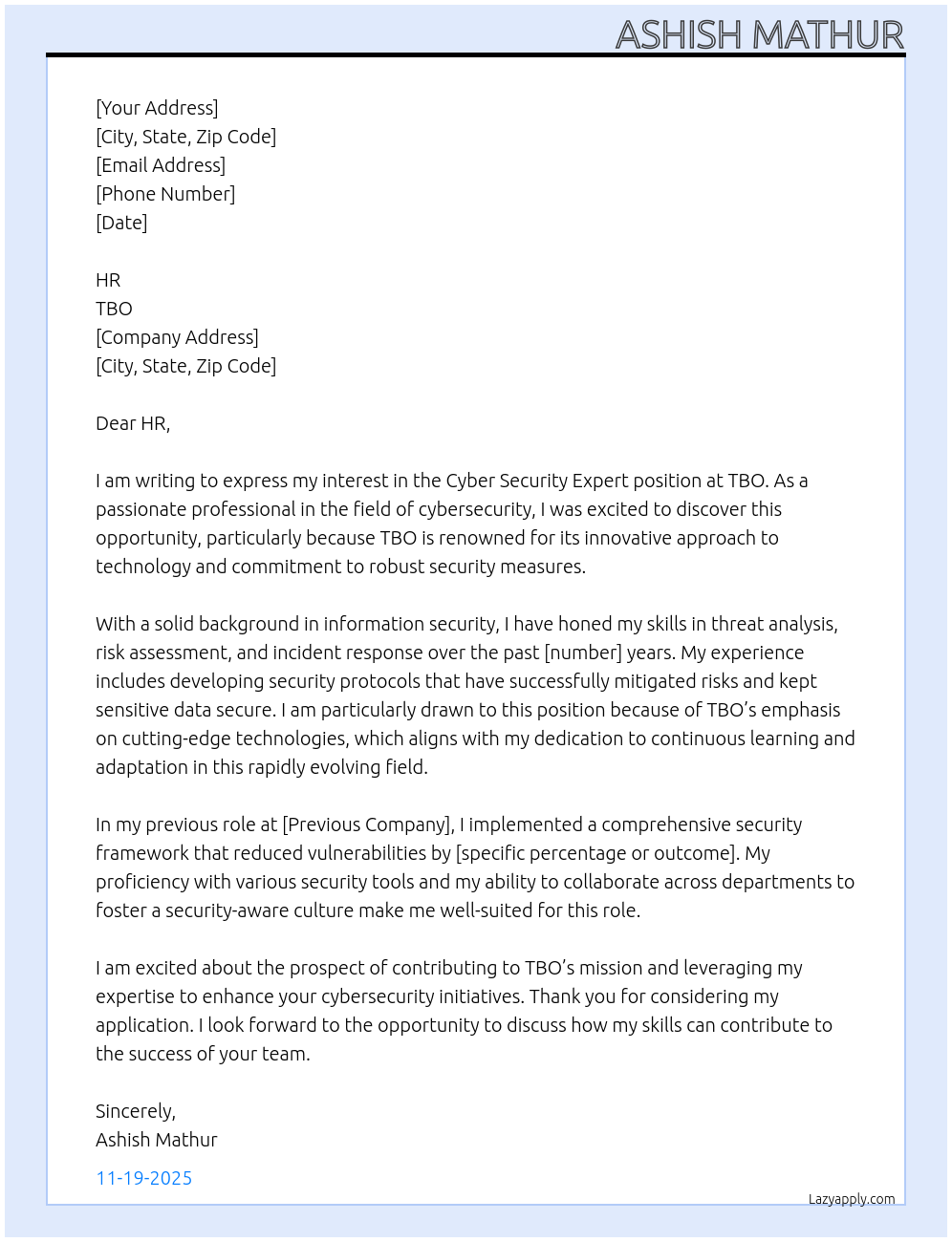 Cover letter for cyber security expert - LazyApply