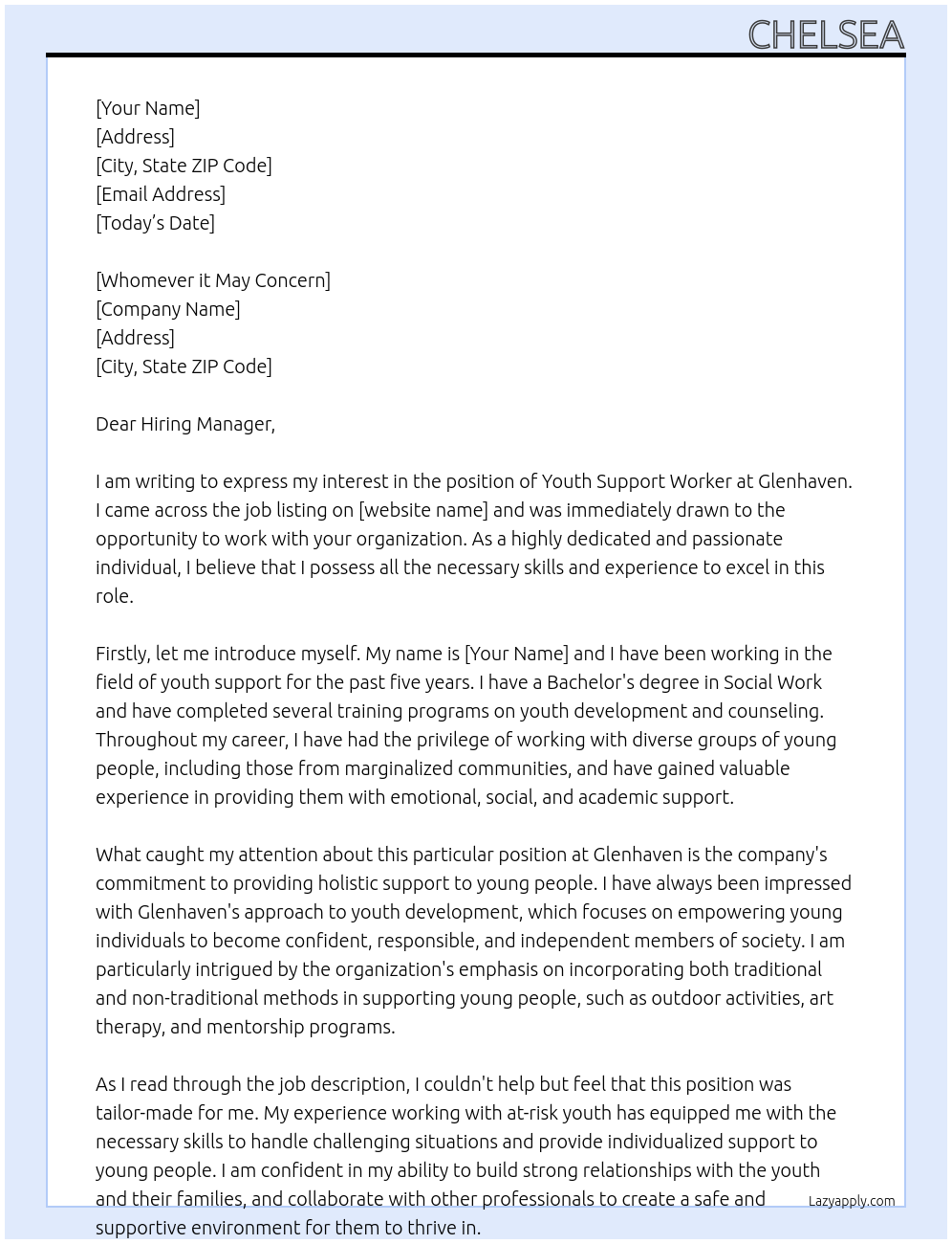Youth support worker At Glenhaven Cover Letter