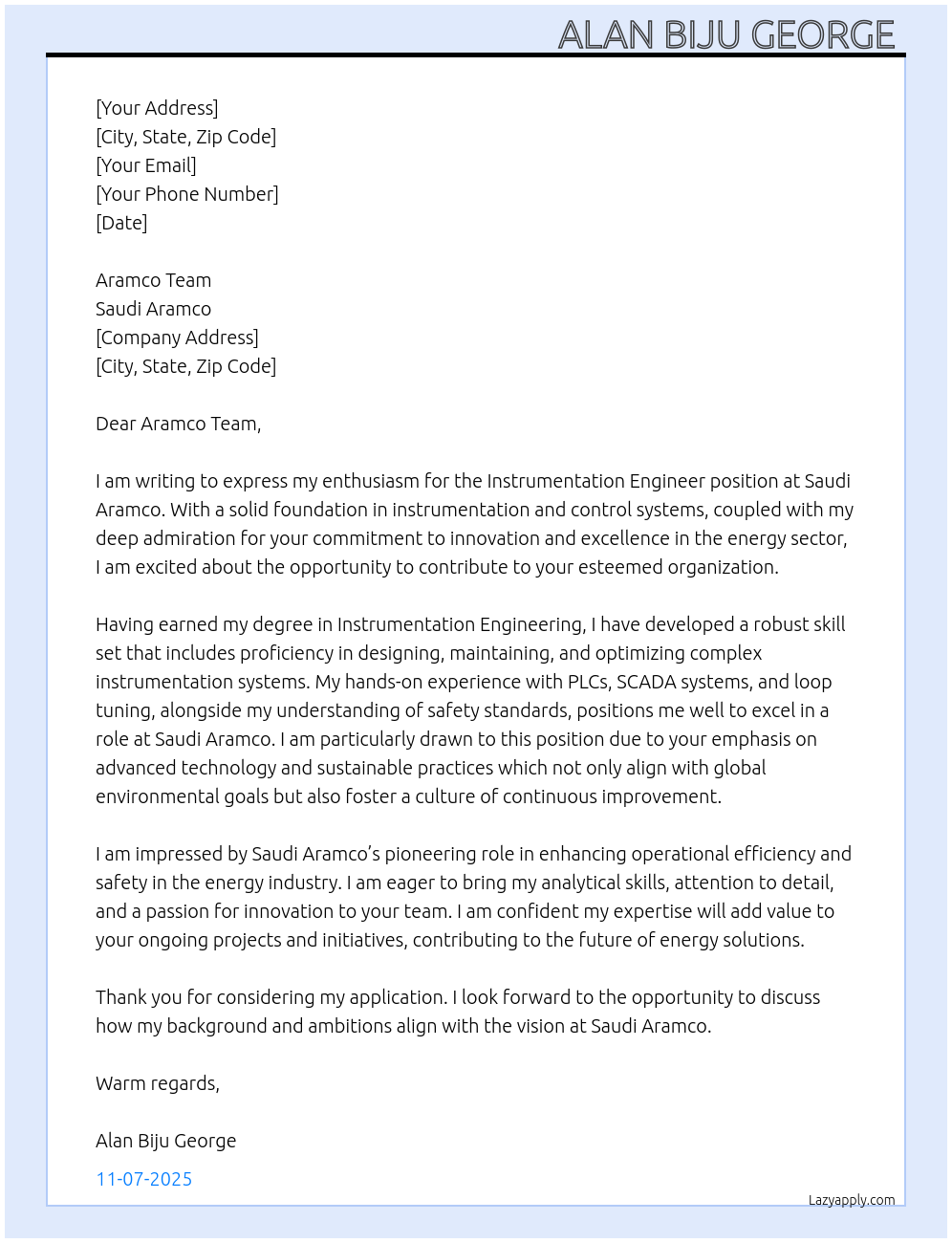 Instrumentation engineer  At Saudi Aramco Cover Letter