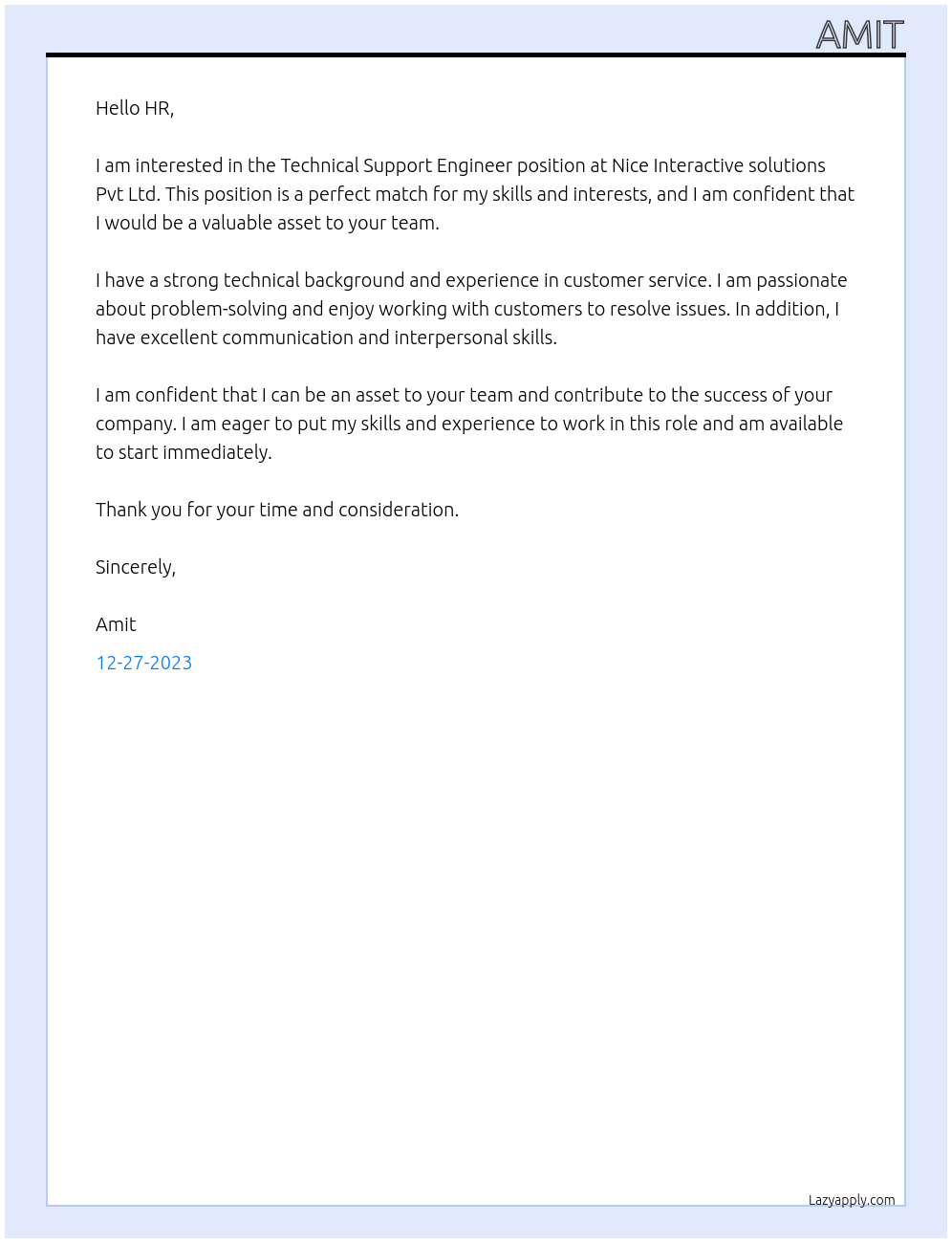 Technical Support Engineer At Nice Interactive solutions Pvt Ltd Cover Letter