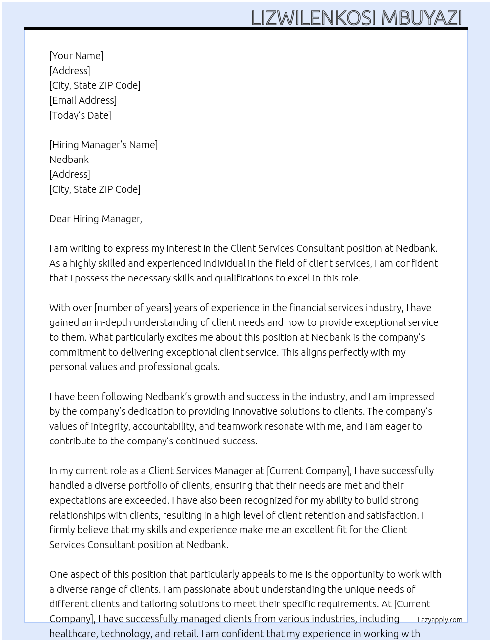 Client services consultant  At Nedbank  Cover Letter