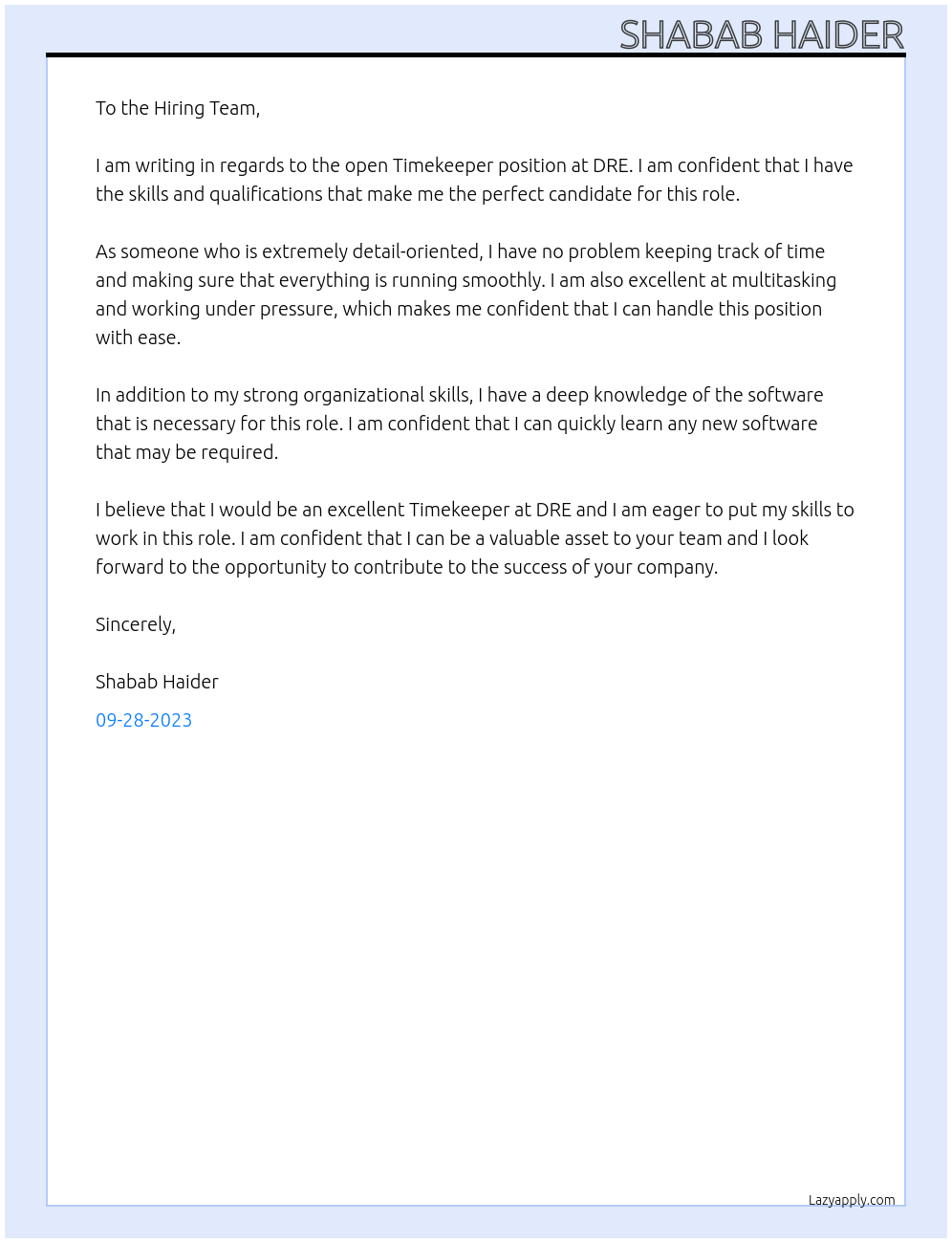 Timekeeper At DRE uae Cover Letter