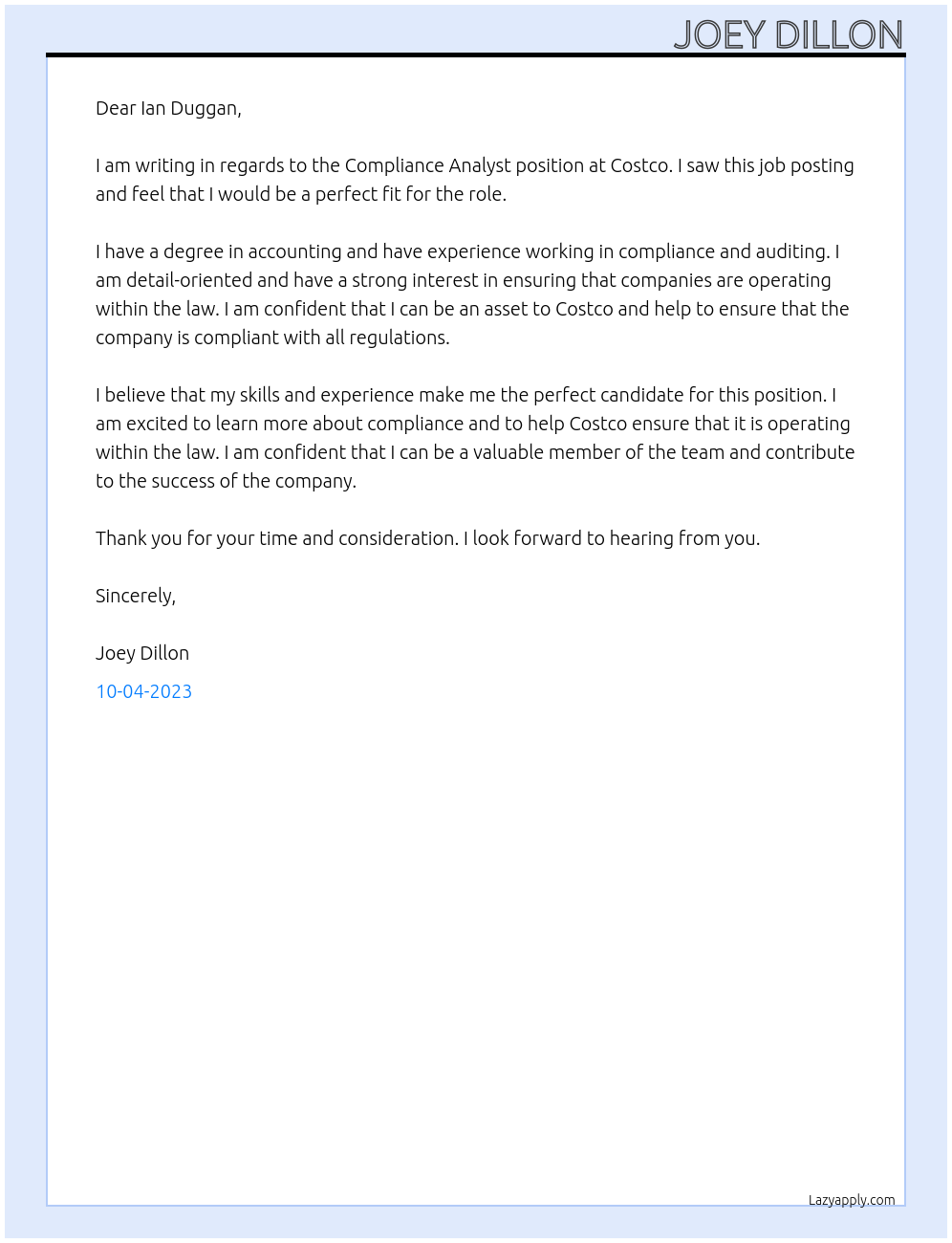 Compliance Analyst At Costco Cover Letter