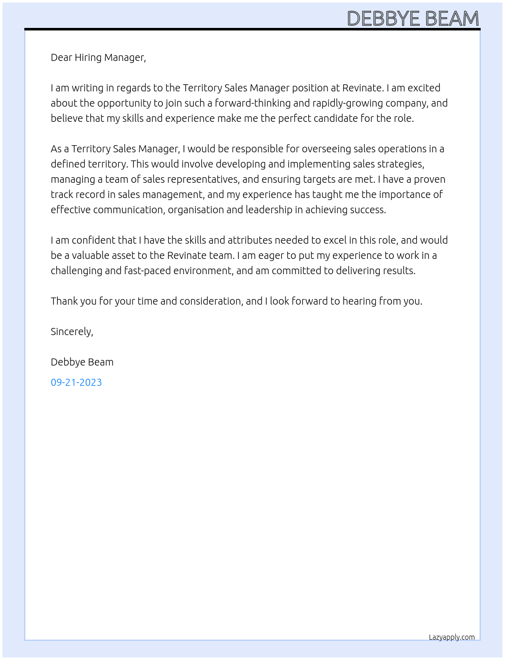 Territory Sales Manager At Revinate Cover Letter