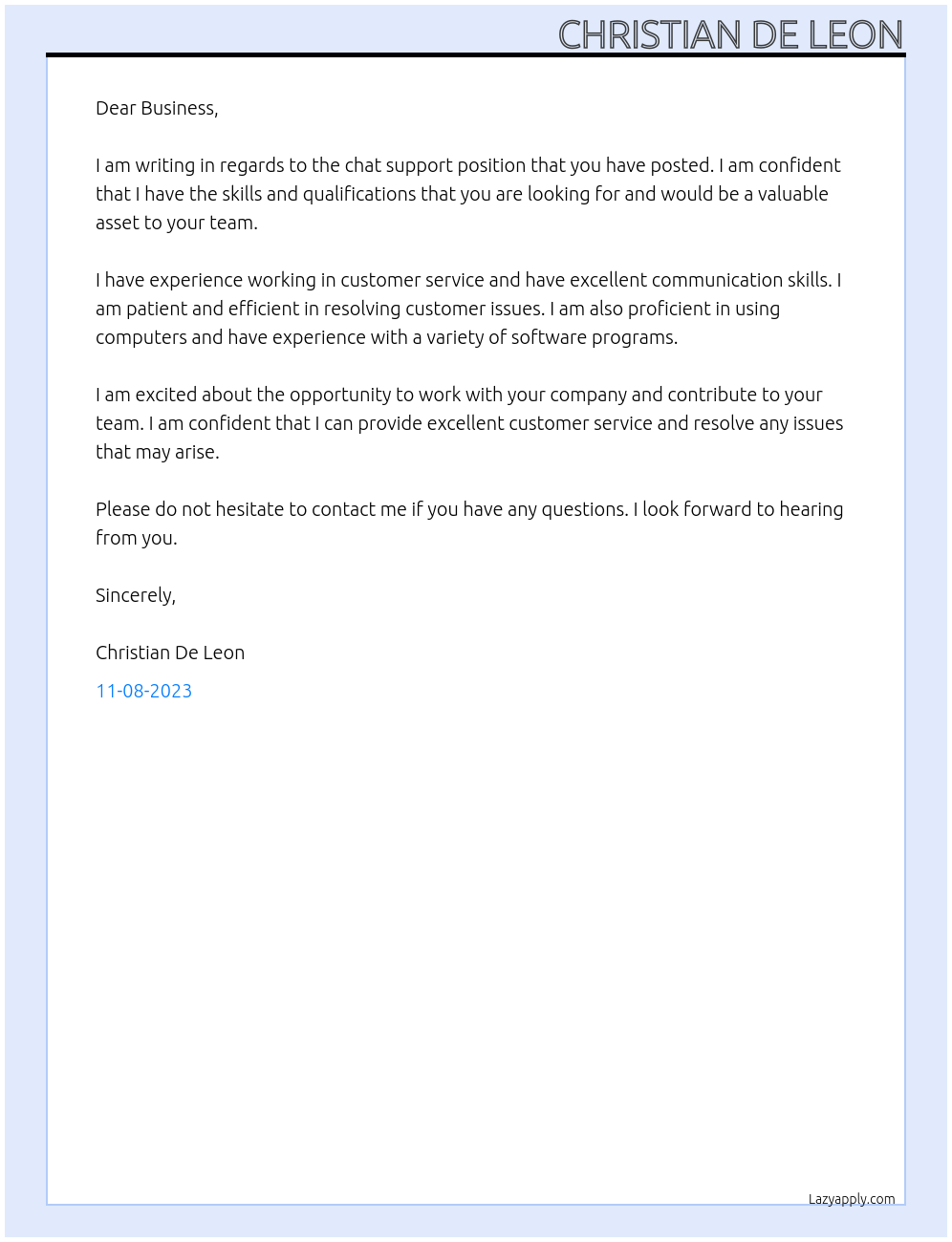 chat support At business Cover Letter