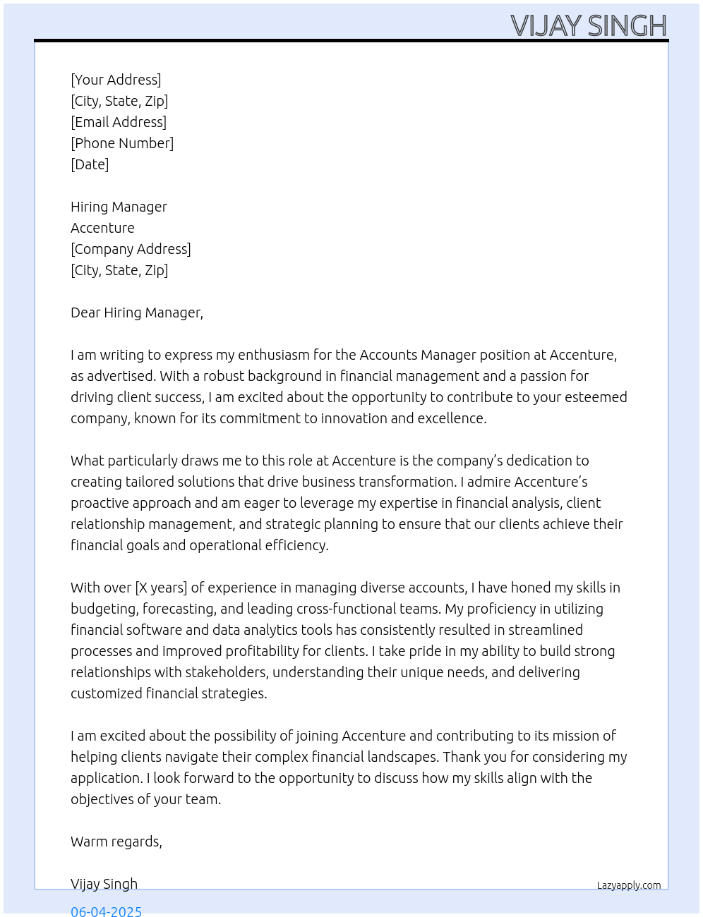 Accounts Manager At Accenture Cover Letter