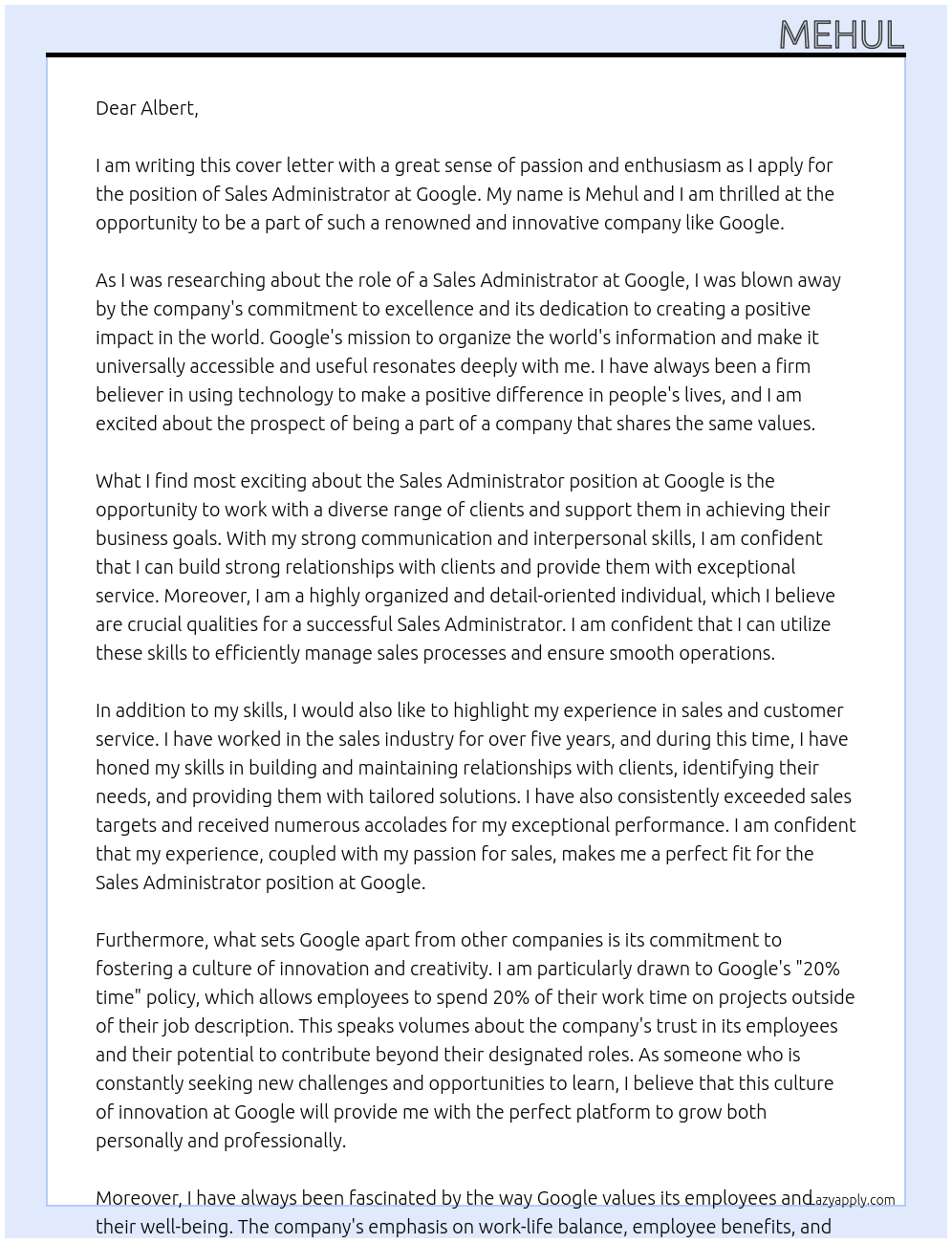 sales administrator At google Cover Letter