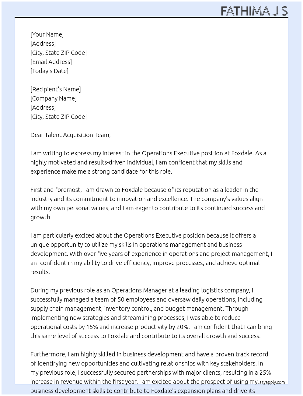 Operations Executive At Foxdale Cover Letter