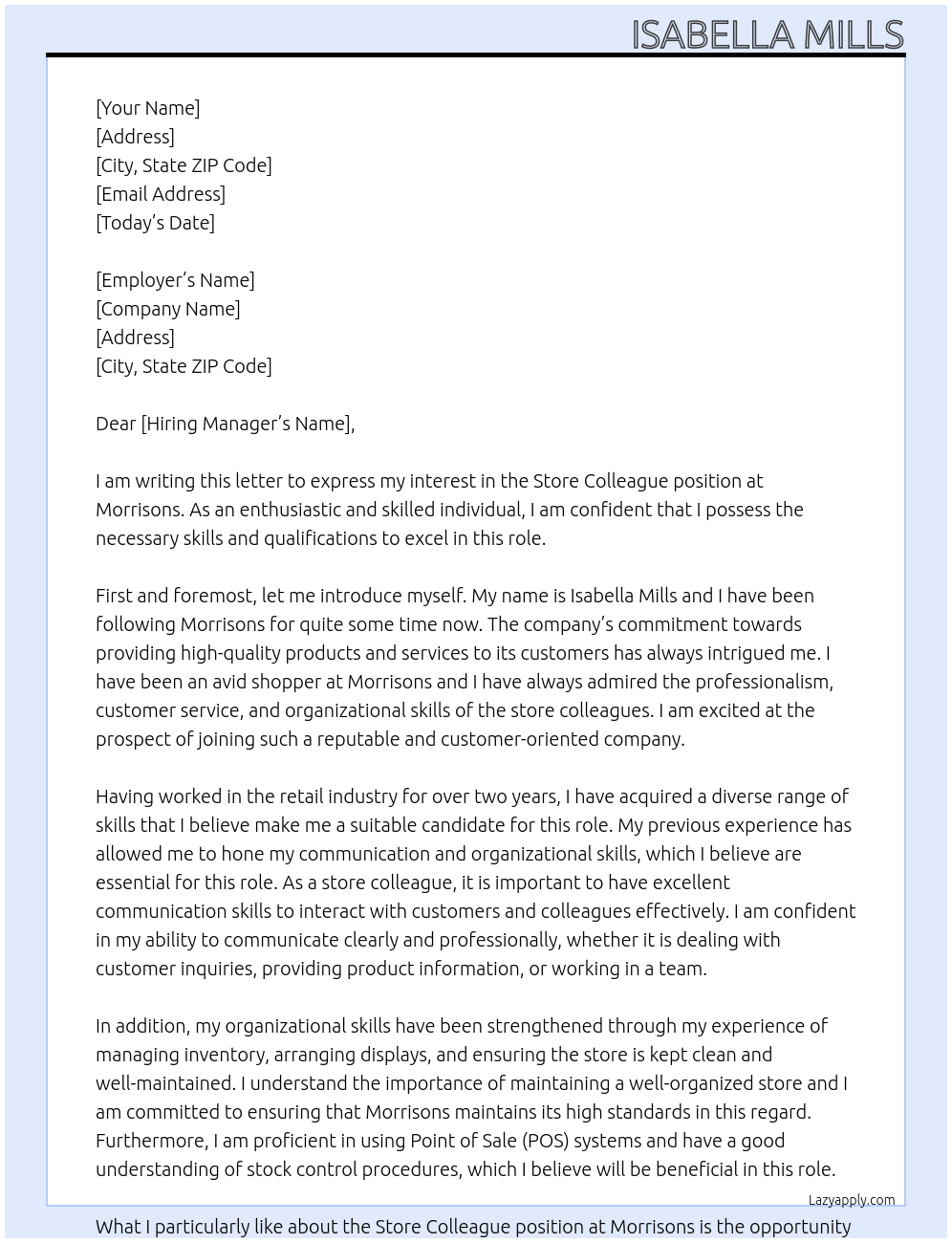 store colleague  At morrisons  Cover Letter