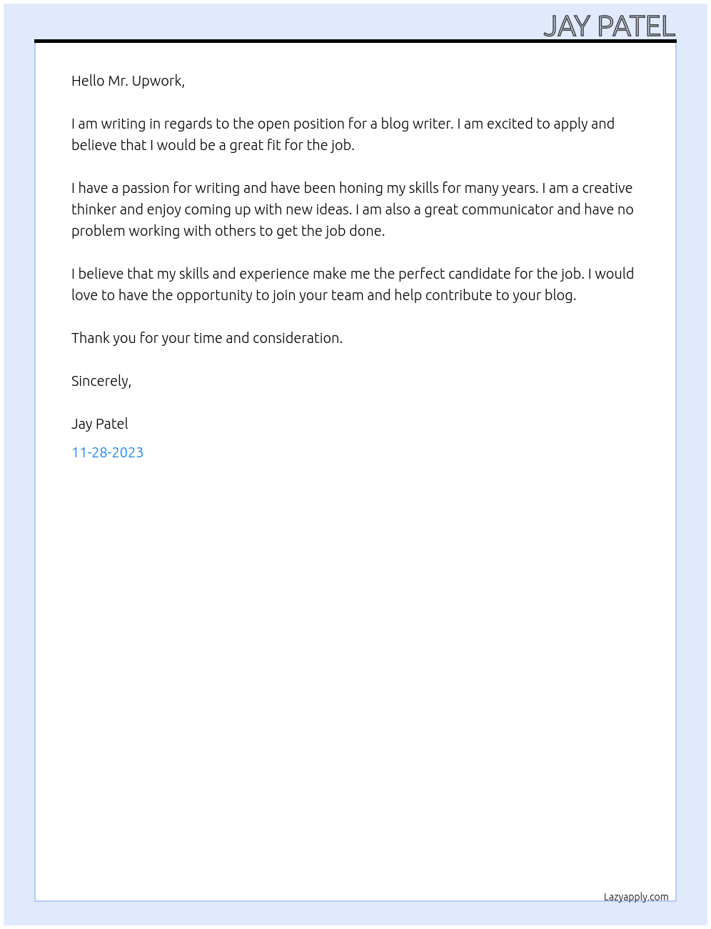 blog writer At Upwork Cover Letter