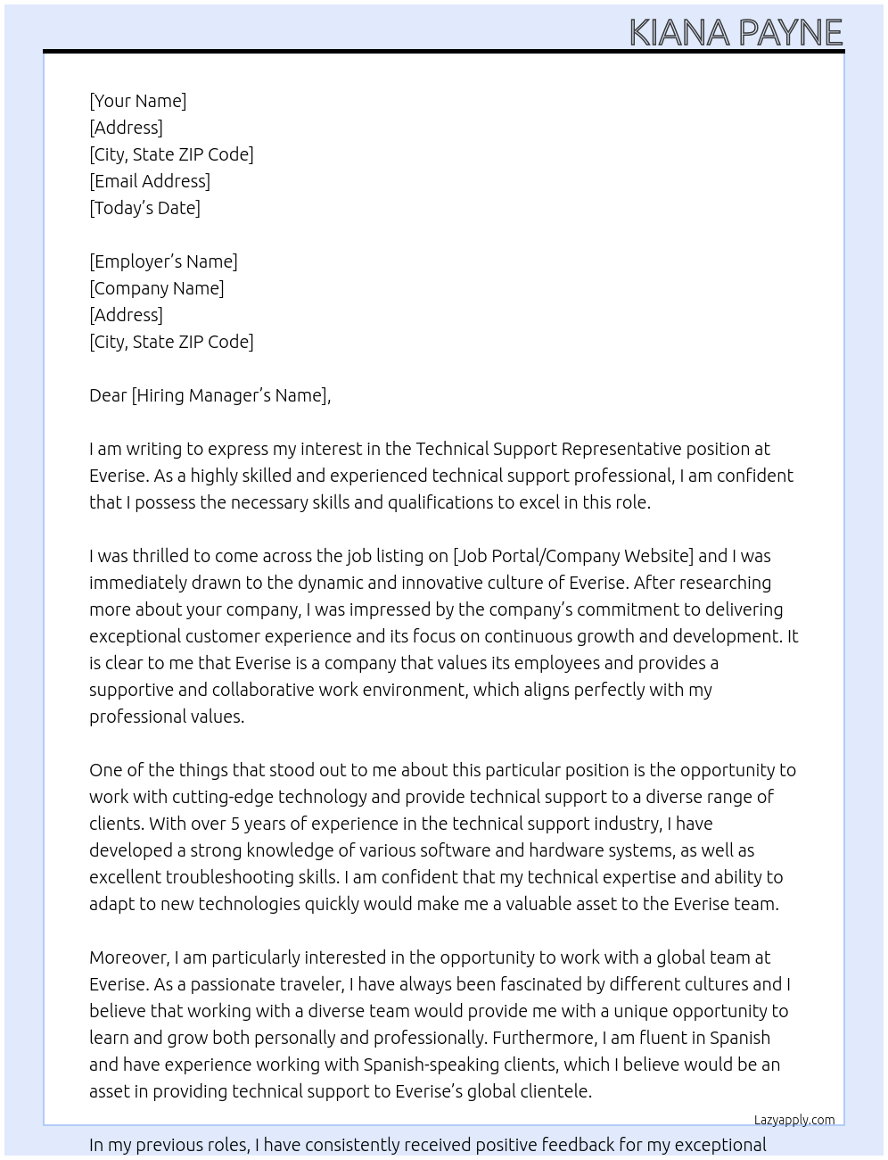 Technical Support Representative At Everise Cover Letter