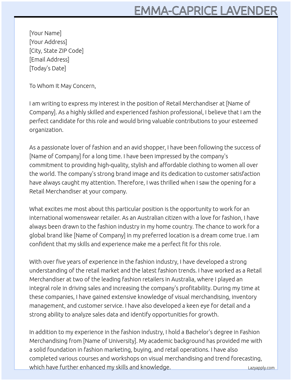 Retail Merchandiser At International womenswear retailer Cover Letter