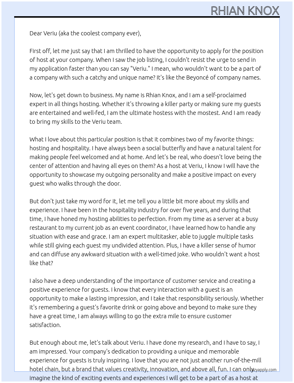 host At Veriu Cover Letter