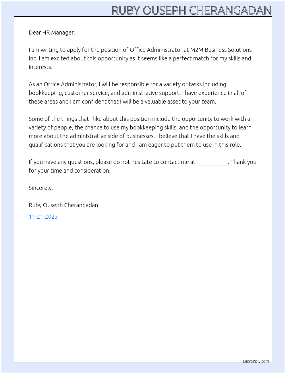 OFFICE ADMINISTRATION At  M2M Business Solutions Inc. Cover Letter