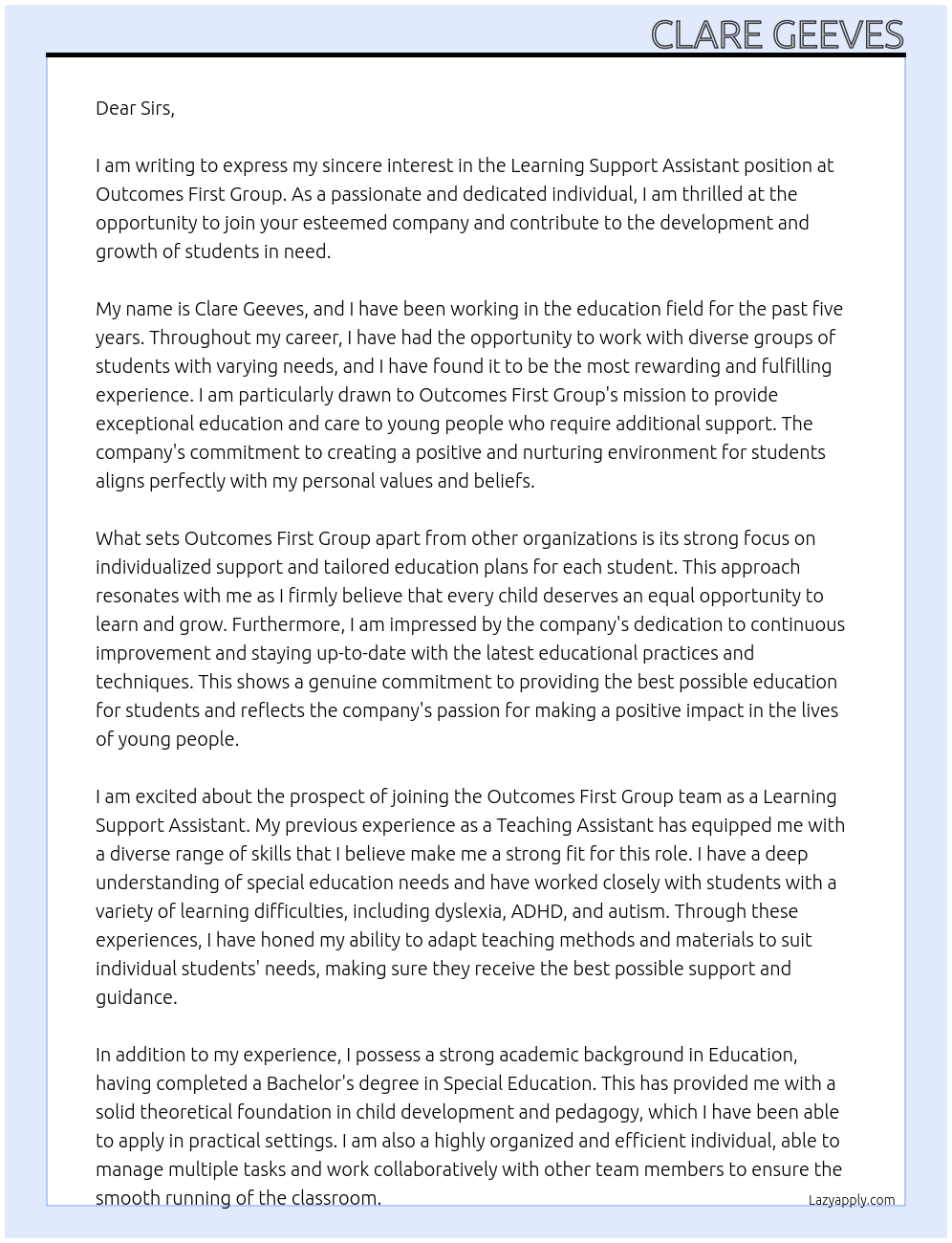 Learning Support Assistant At Outcomes First Group Cover Letter